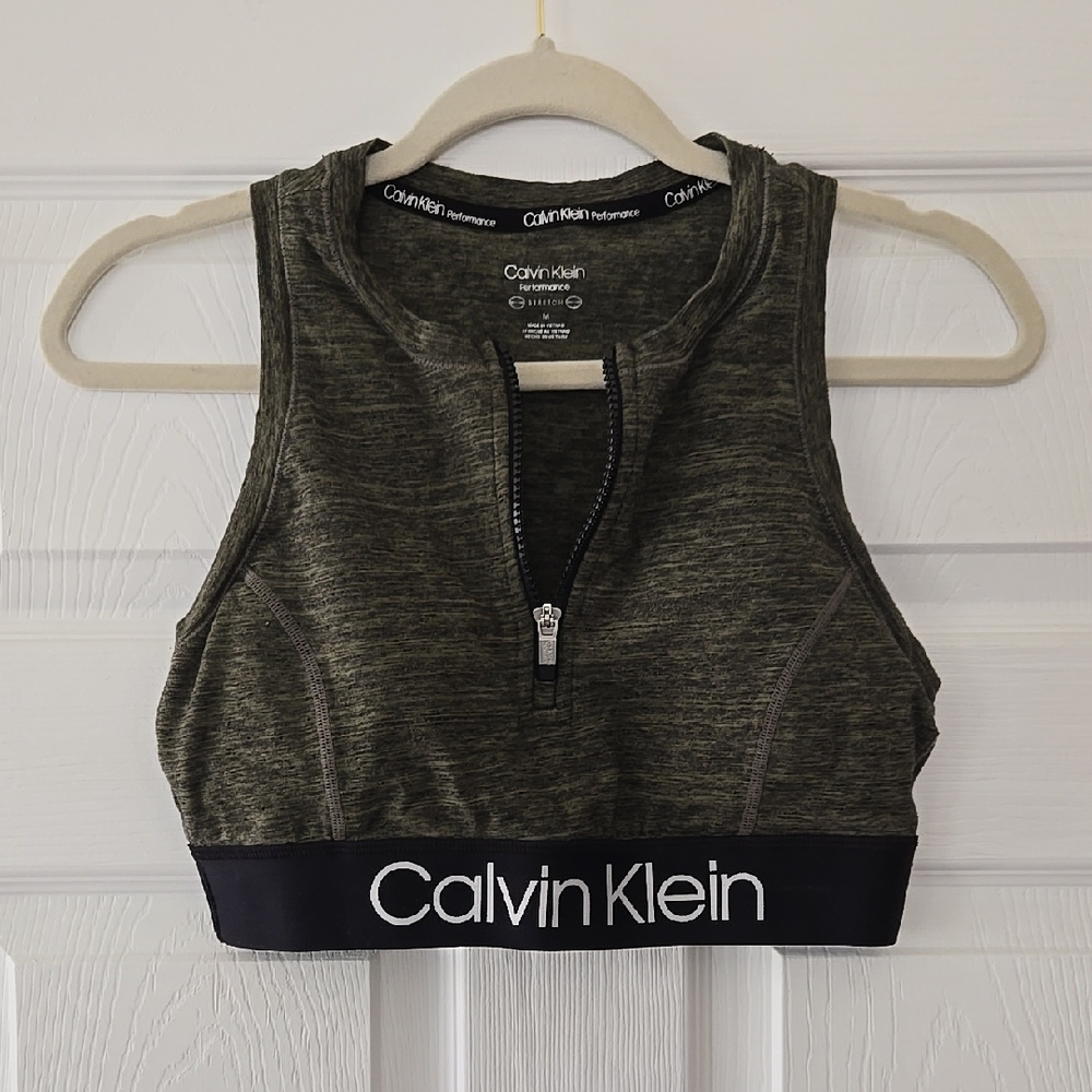 Calvin Klein Olive Green Performance Stretch Sports Bra with Zipper